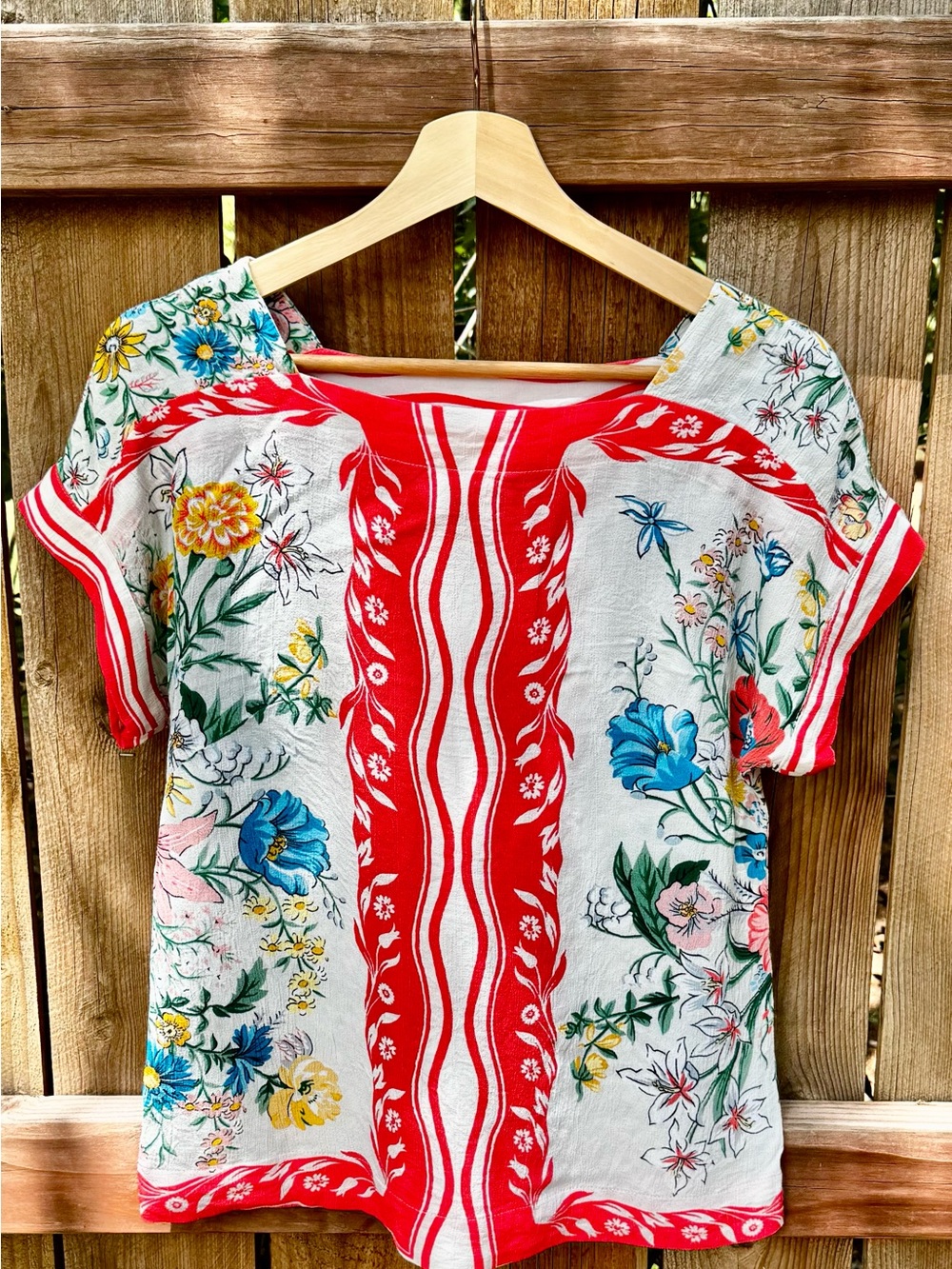 Anthropologie Mauve Floral Stripe Short Sleeve Blouse - White & Red - Picture 2 of 6